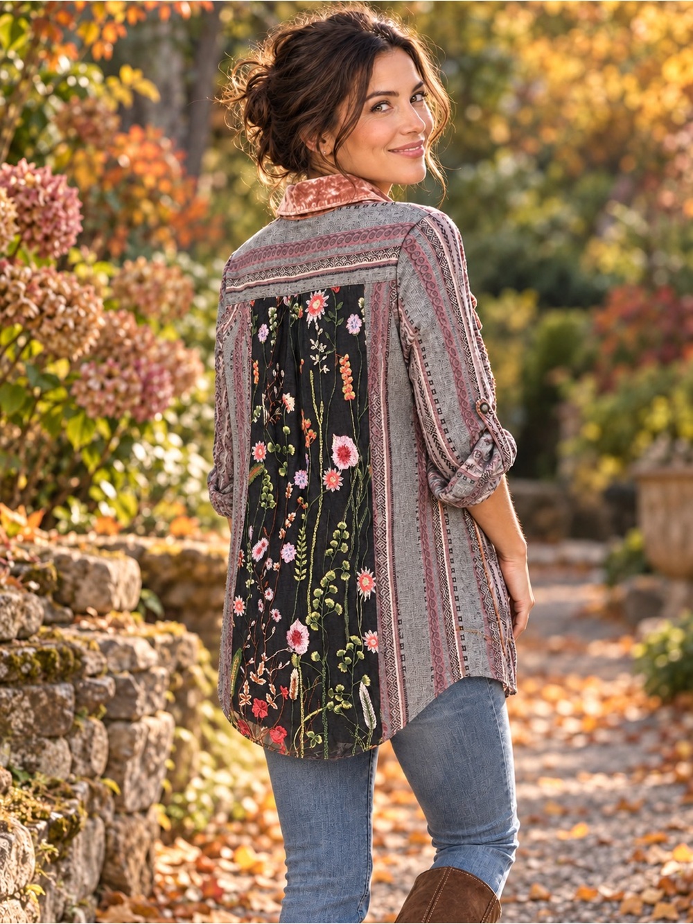 Soft Surroundings Elena Embroidered Mesh Back Velvet Collar Tunic PXS